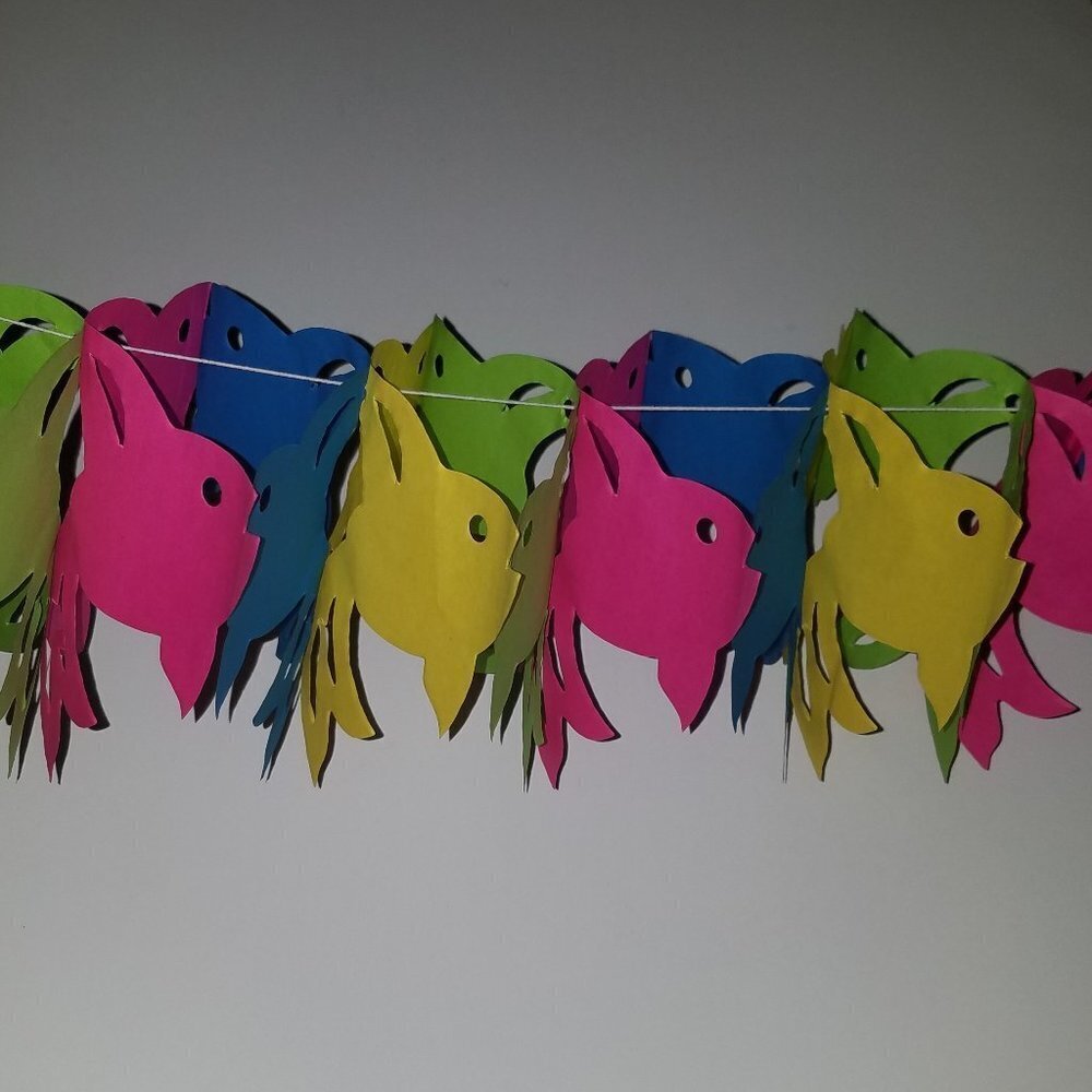 VTG Fish Paper Garland Green Yellow Pink Blue Amscan 10' Party Decor Fisherman
